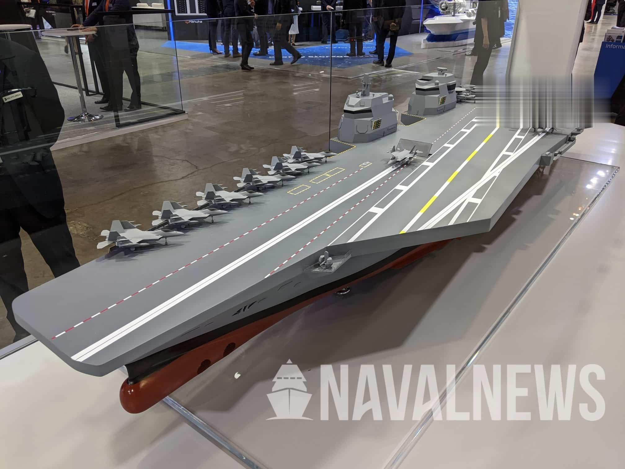 韩国MADEX 2023现代重工展台展示韩国CVX 航母、KDDX驱逐舰、HDP
