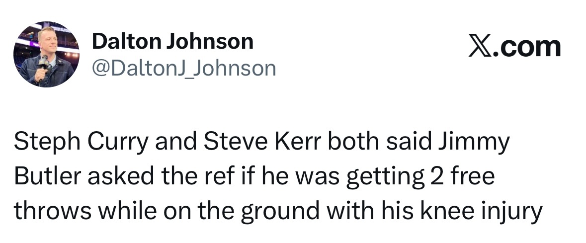 库里和科尔都透露，巴特勒在膝盖受伤倒地后，还向裁判询问自己能不能获得两次罚球机会