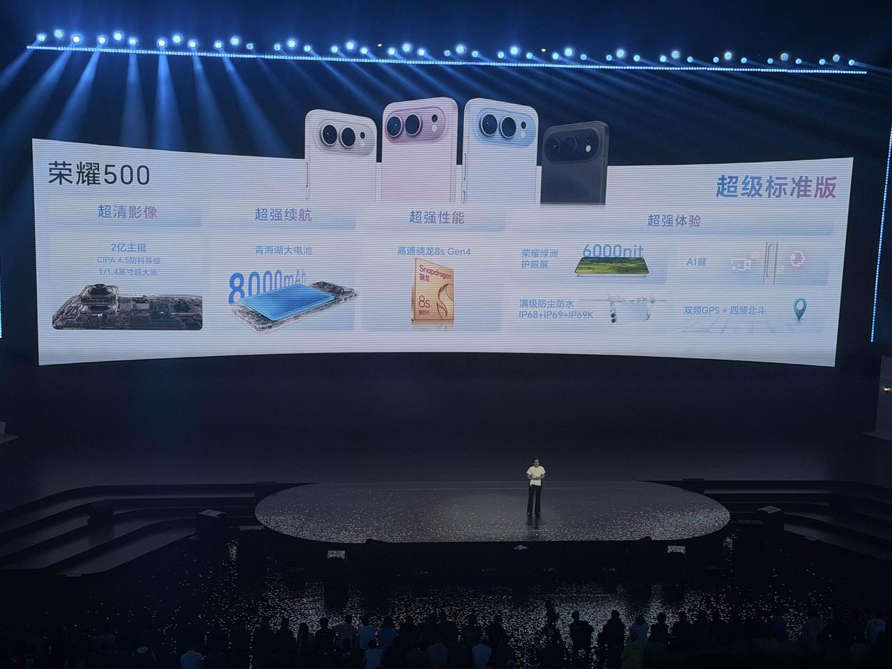 荣耀500系列正式发布，一共四款配色，海蓝宝、星光粉、月光银和曜石黑，2亿像素，