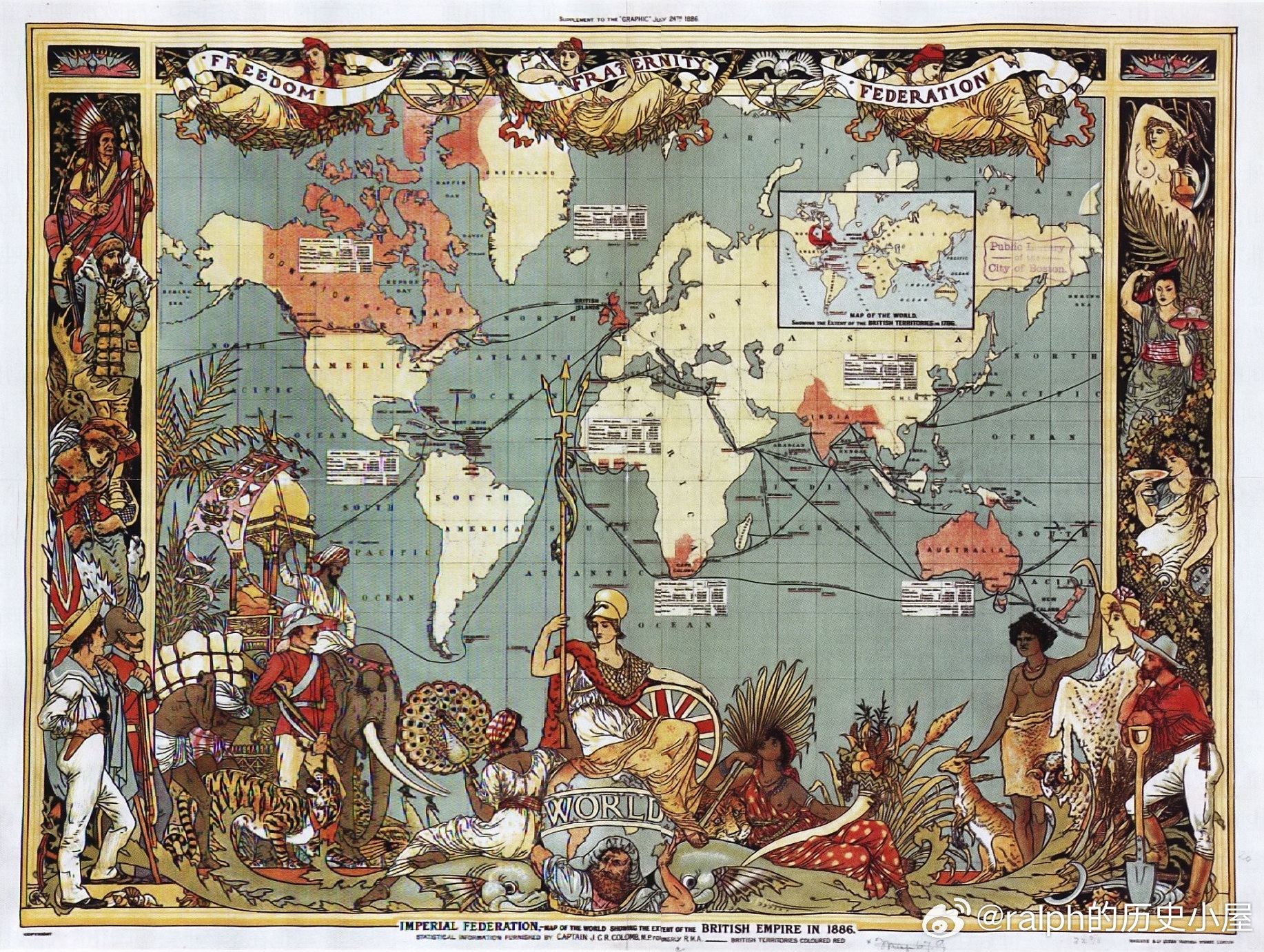 1886年大英帝国全球地图，美国波士顿公共图书馆藏，地图上使用红色区块标示出18