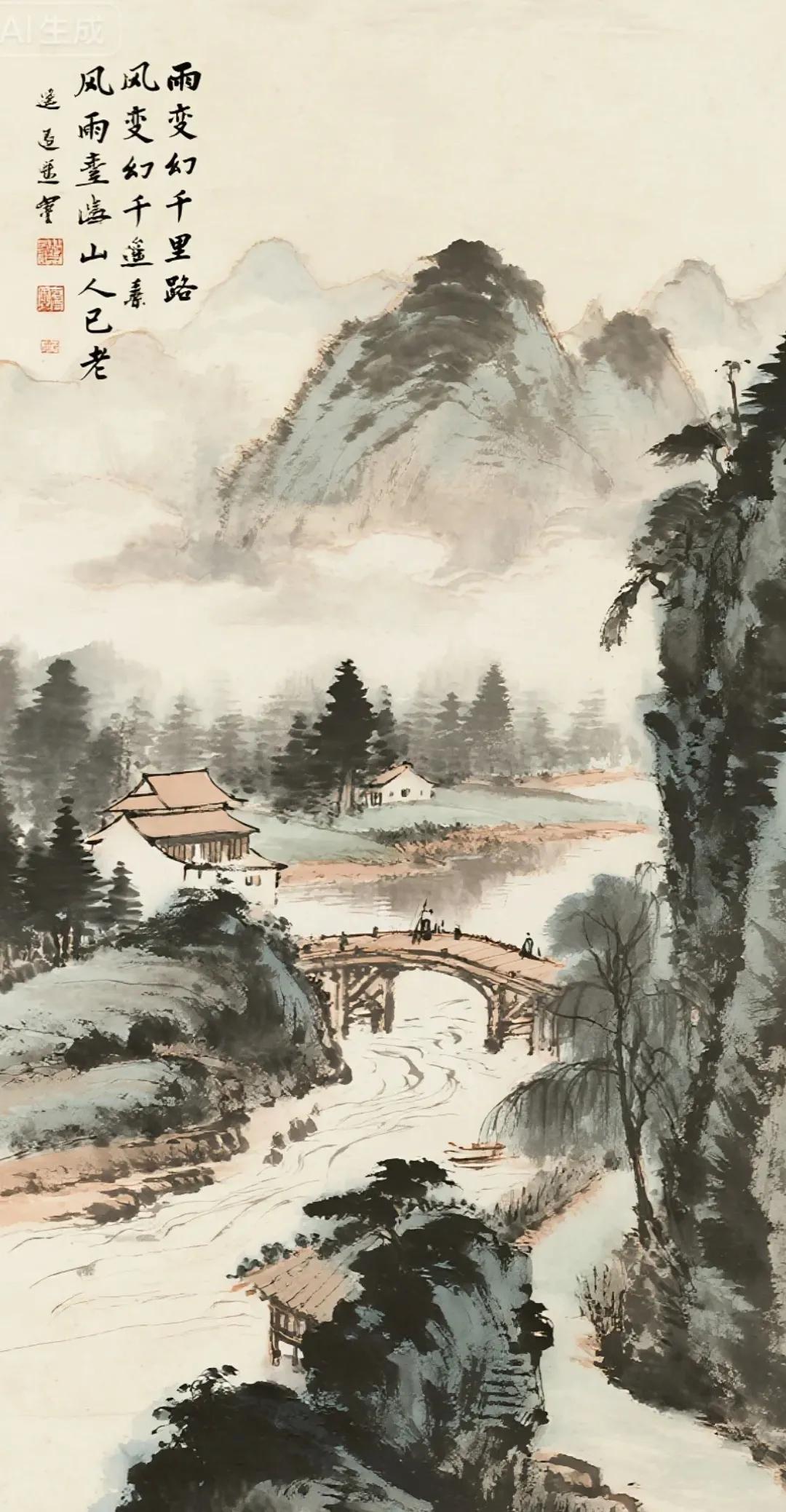 述怀诗！
风雨变幻千里路，遥望青山人已老，叹朝夕，访名山，观不尽的小桥流水处处春