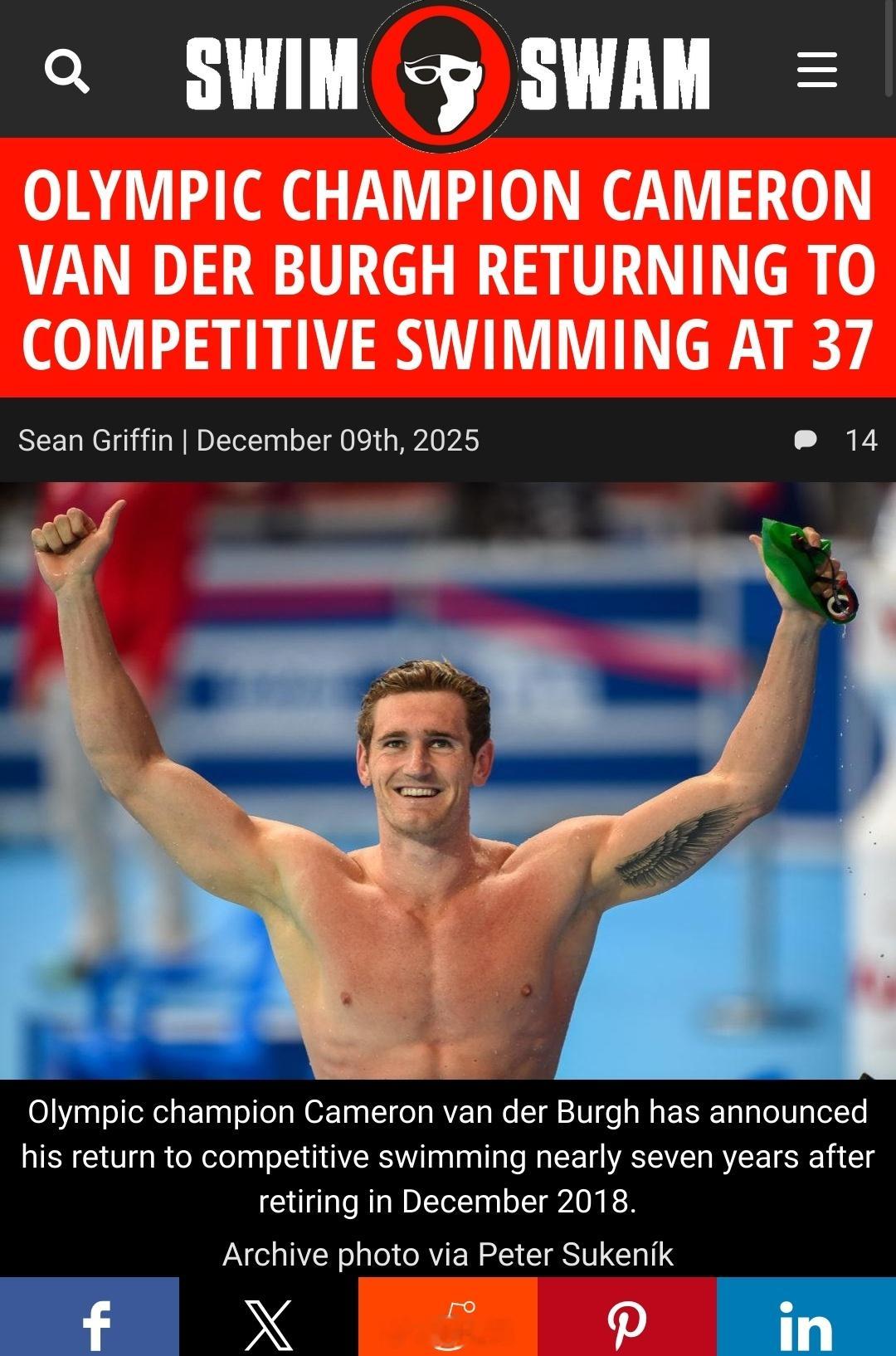 南非🇿🇦奥运冠军范德伯格透露将重回竞技游泳，计划在明年二月大师赛复出。不过已