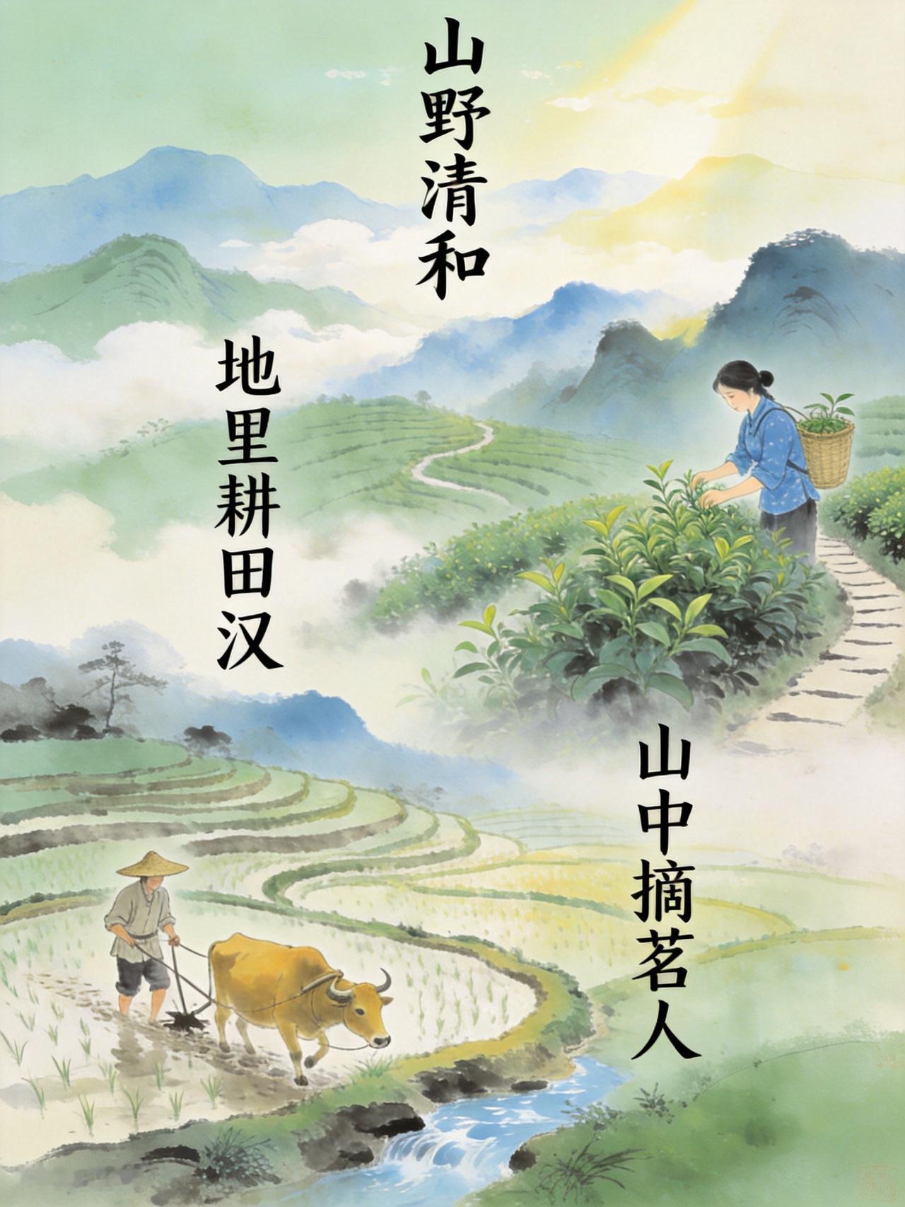 ，下联你来对
乡野耕织意境
上联：地里耕田汉
下联：篱边采菊人
横批：秋山日暖