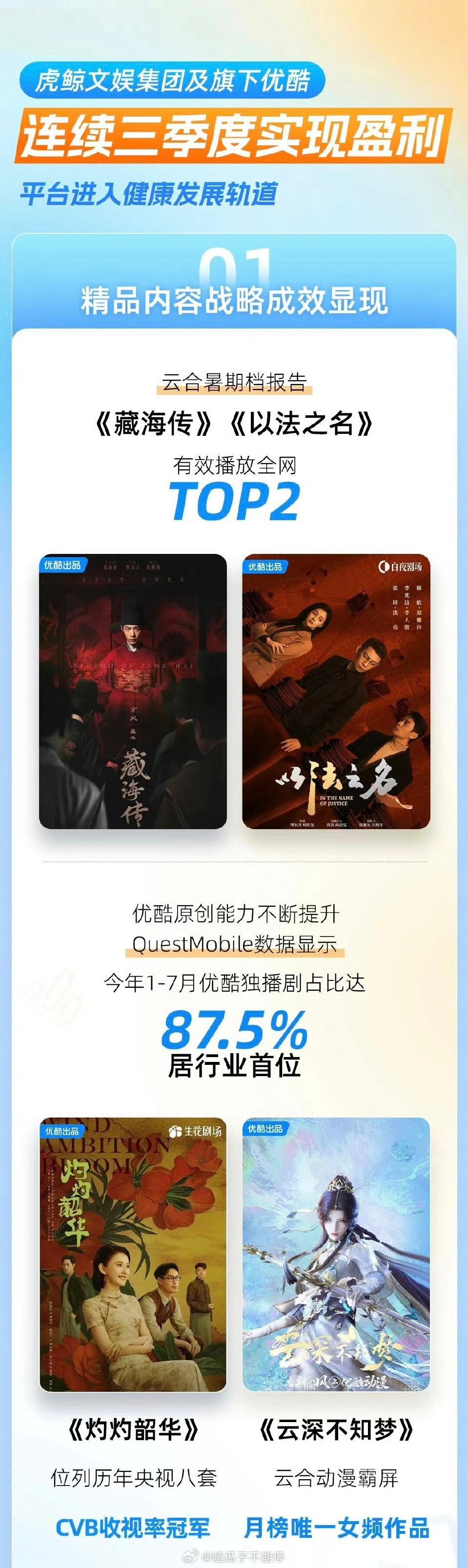 优酷Q2业绩电话会：《藏海传》《以法之名》云合暑期档有效播放全网top2《灼灼韶