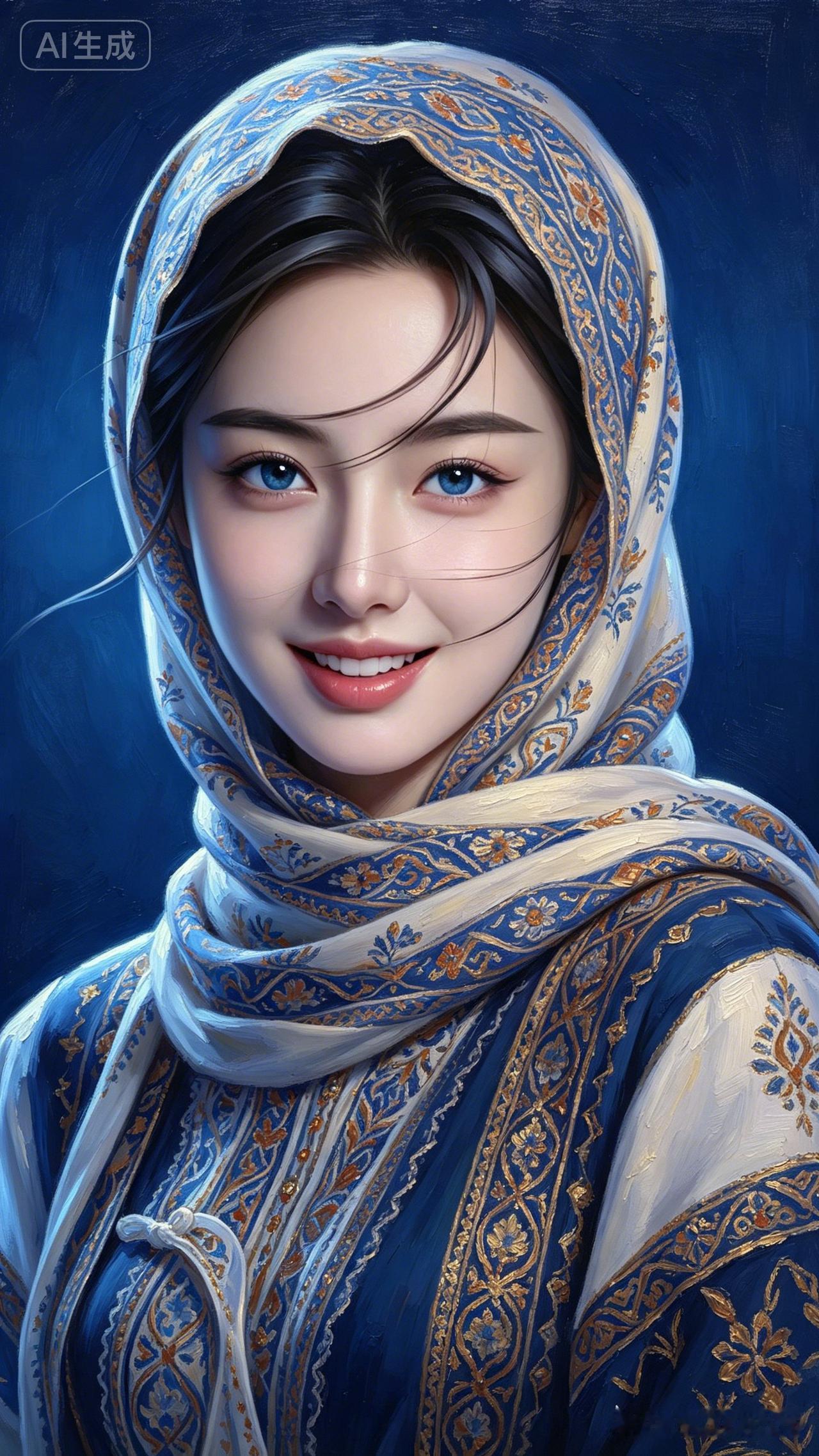 这位小姐姐戴着蓝白相间的头巾，笑得很甜。