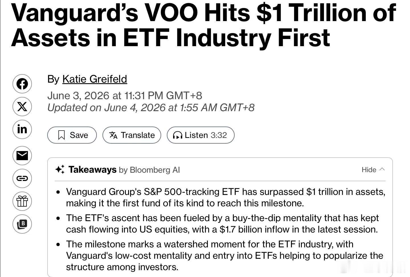 转发：先锋集团跟踪标普 500 指数的交易所交易基金（ETF）资产管理规模突破 