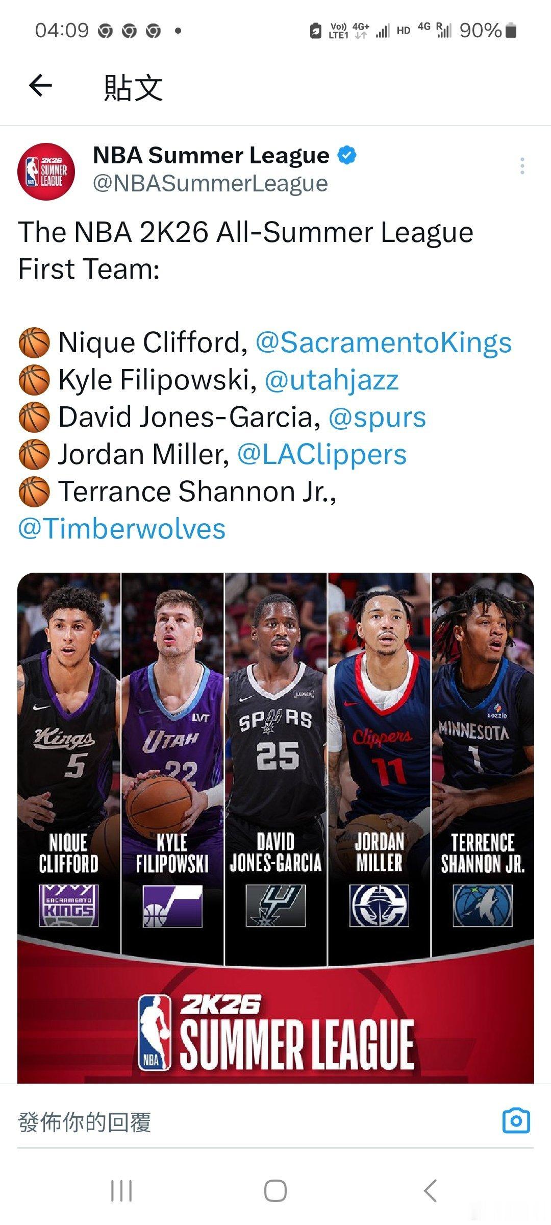 夏聯前兩隊和MVP。 ​​​