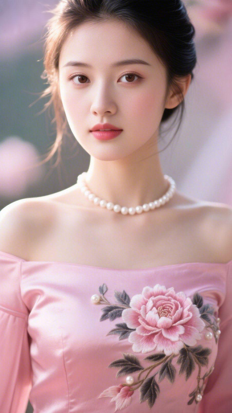 《绣裙栖春》
 
软风裹着春的淡香，漫过栏角时，她正立在朦胧里。
 
藕粉缎裙轻