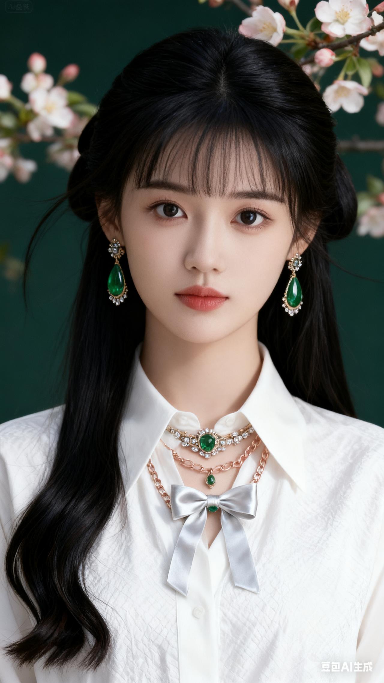 美女乌黑顺直长发带自然微卷，白色挺括衬衫配银色蝴蝶结，绿宝石钻饰与玫瑰金项链呼应