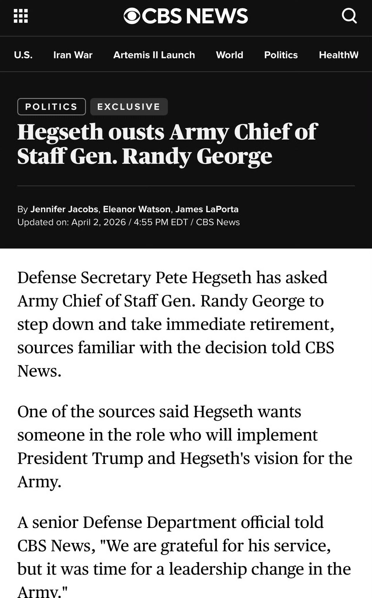 美国陆军参谋长被要求走人了。

近日国防部长赫格塞斯让兰迪·乔治将军辞职，而且得