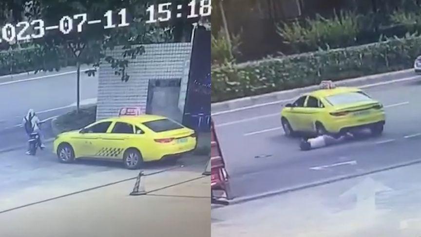 【出租车突然加速撞电瓶车碾压骑手，警方：司机挂D挡休息踩到油门】7月11日，重庆