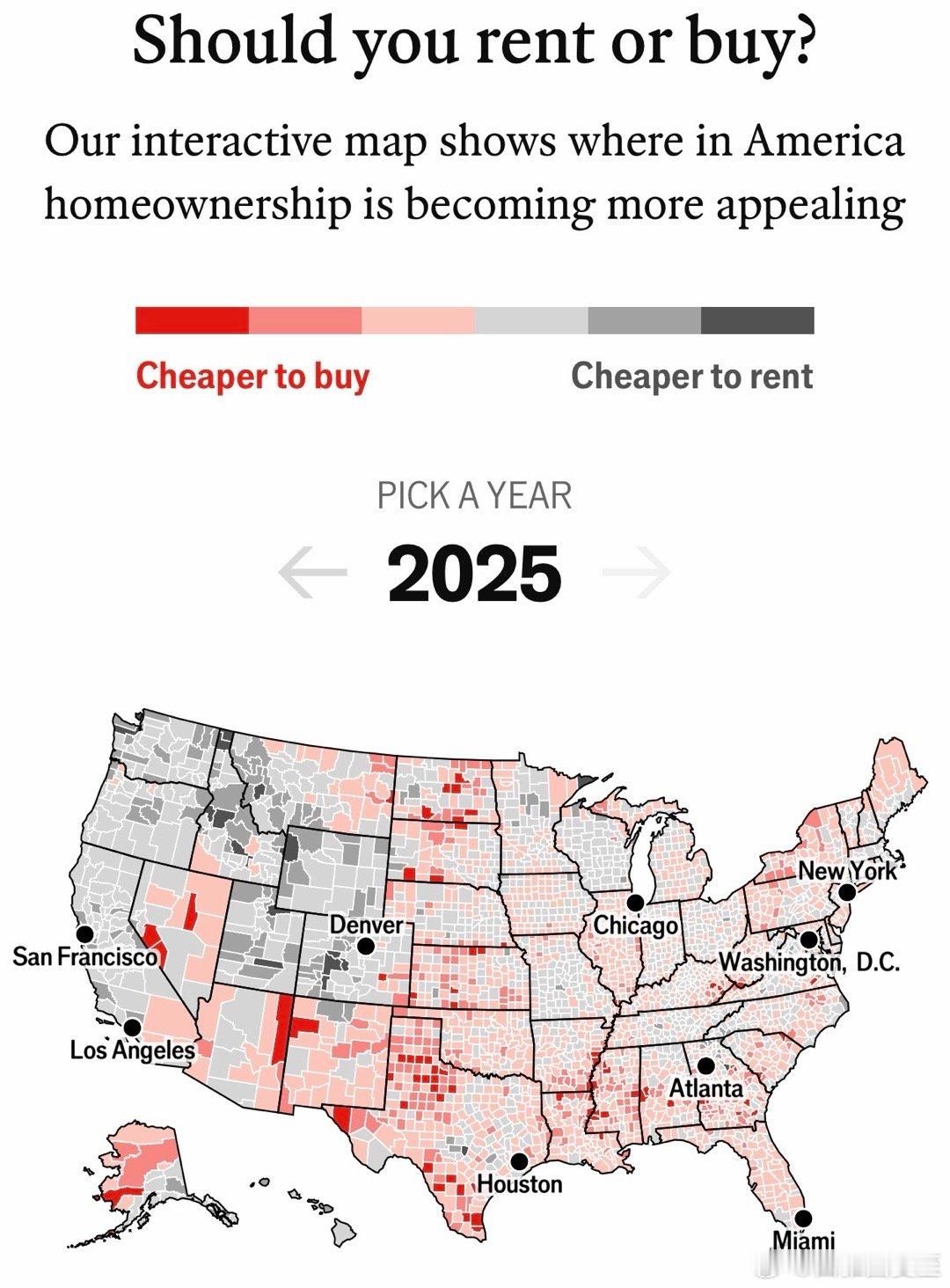 美国各地，买房比租房便宜的地区（图一红色）在中、南部租房更便宜的地区（图一 黑色