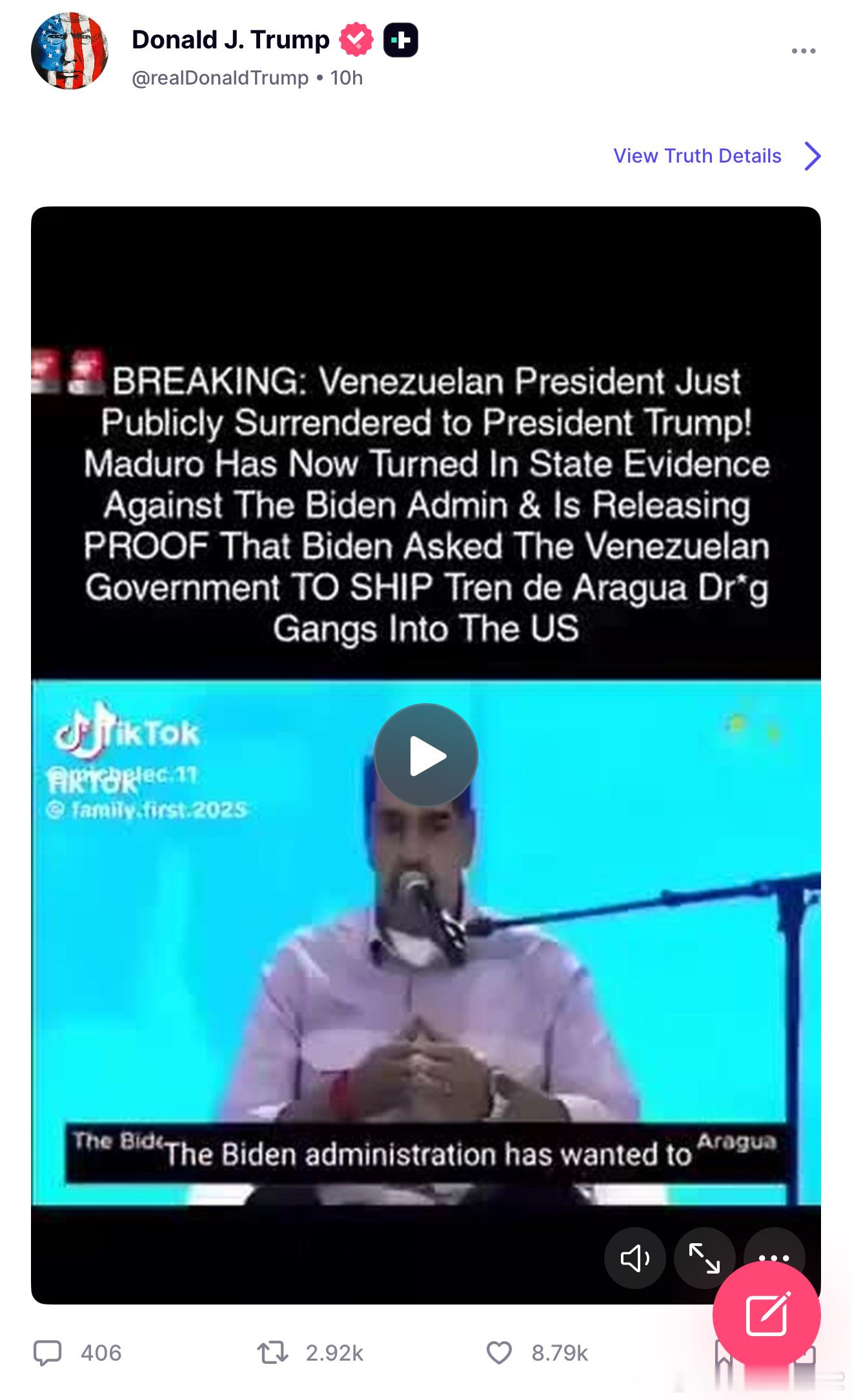 这确实是川普在10小时前在Truth Social 上发的。“突发新闻：委内瑞拉