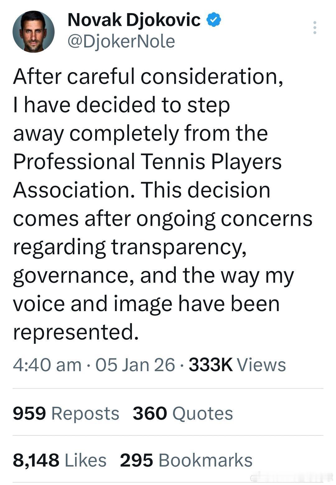 德约科维奇宣布与PTPA划清界限推上粉丝以为德约要退役，前几个单词确实很敏感，原