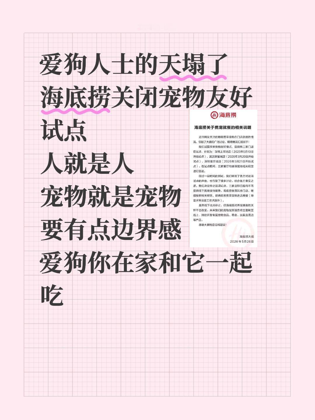 爱狗人士的天塌了
海底捞关闭宠物友好试点
人就是人
宠物就是宠物
要有点边界感
