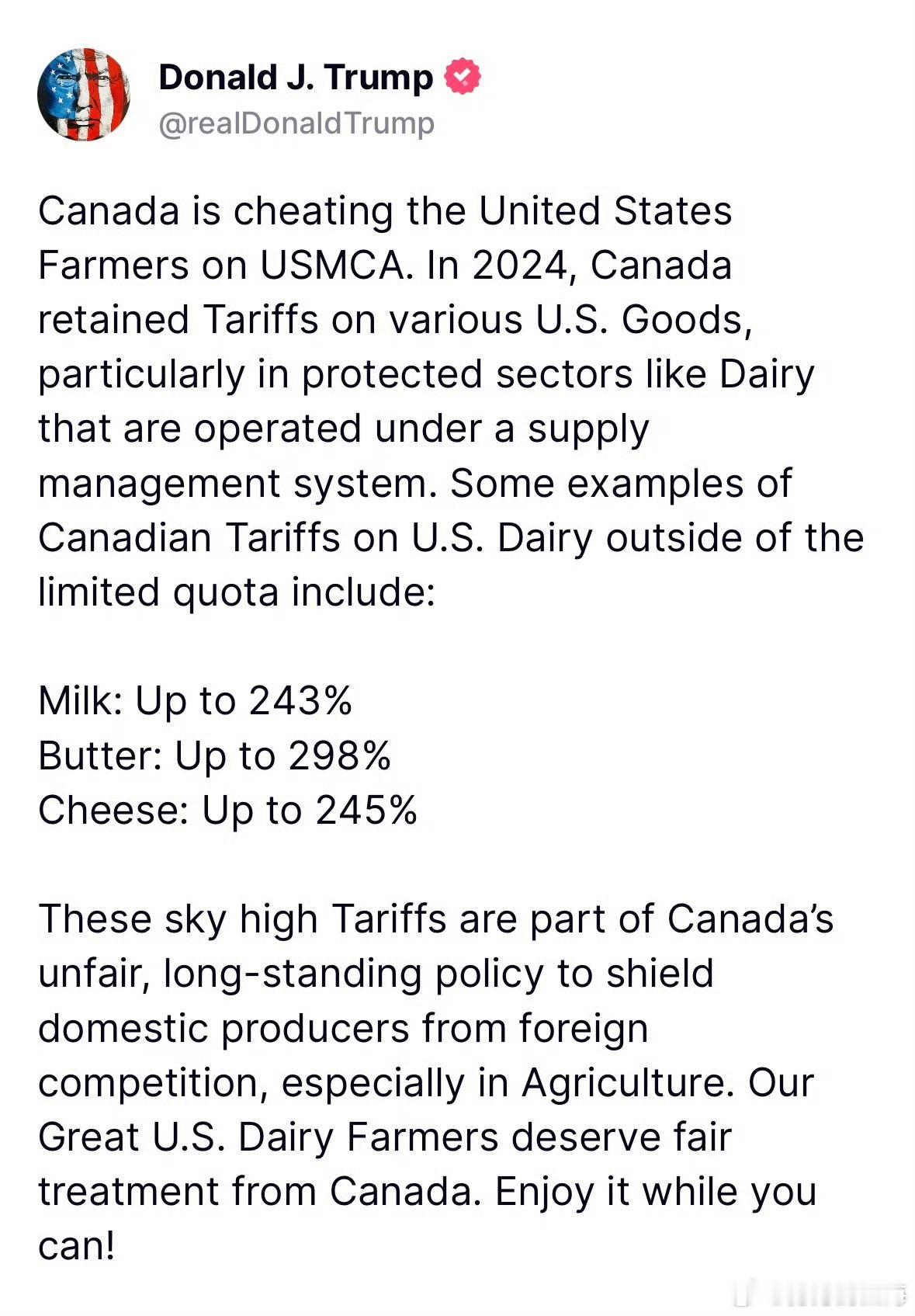特朗普威胁对加拿大征收新关税加拿大在美墨加协定（USMCA）上欺骗了美国农民。2