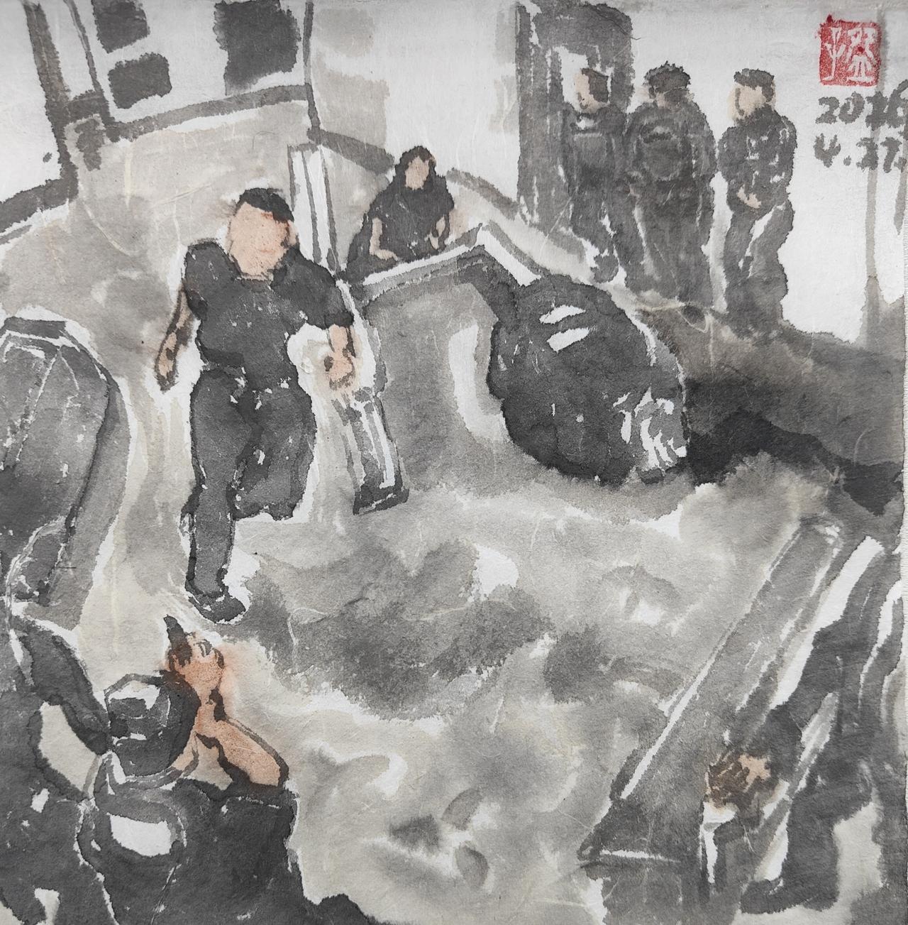 碗子的纸片水墨《白宫记者协会晚宴枪声系列之枪手冲过了安检口》