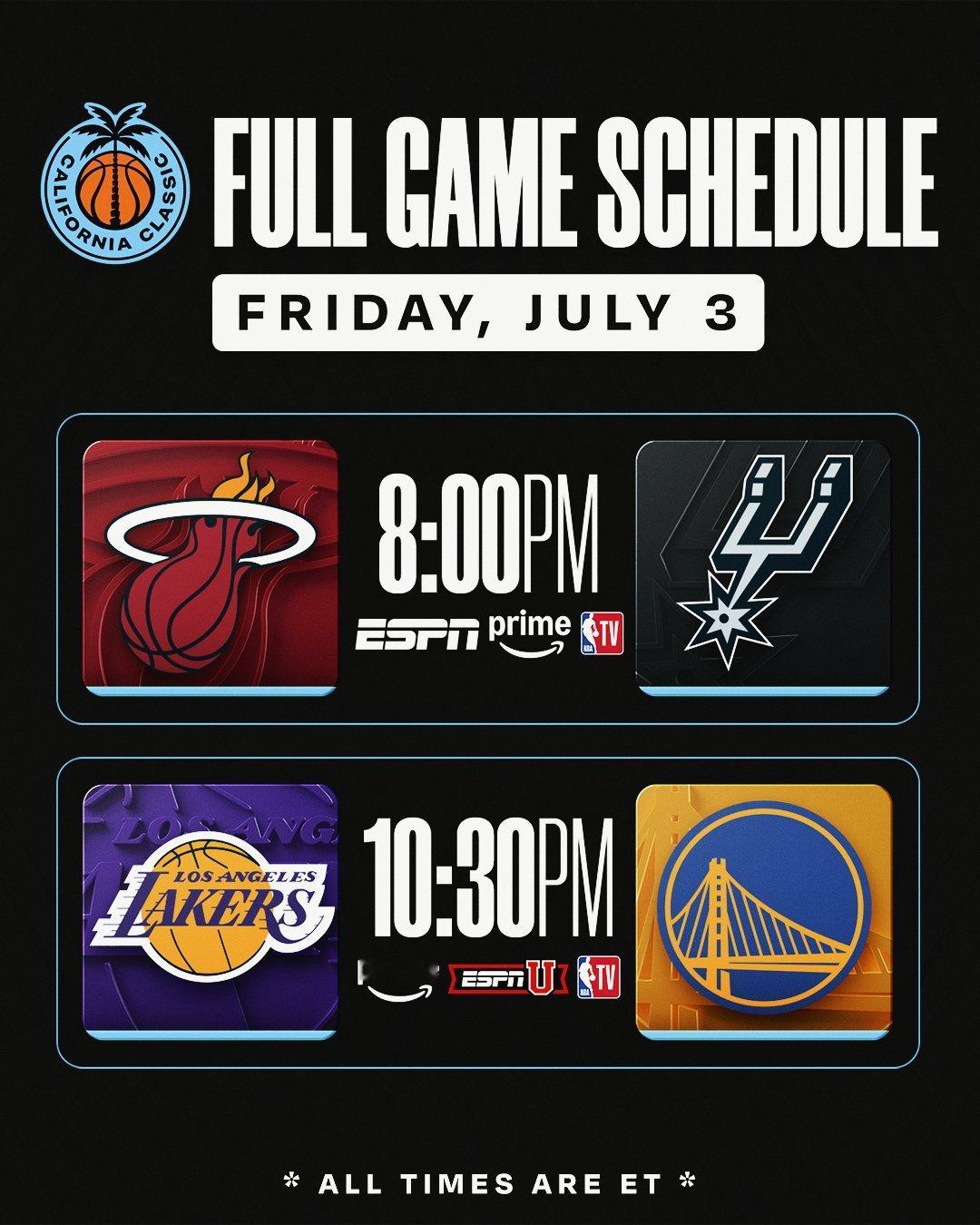 nba夏季联赛今日赛程⬇️8：00 热火vs马刺  10：30  勇士vs湖人 