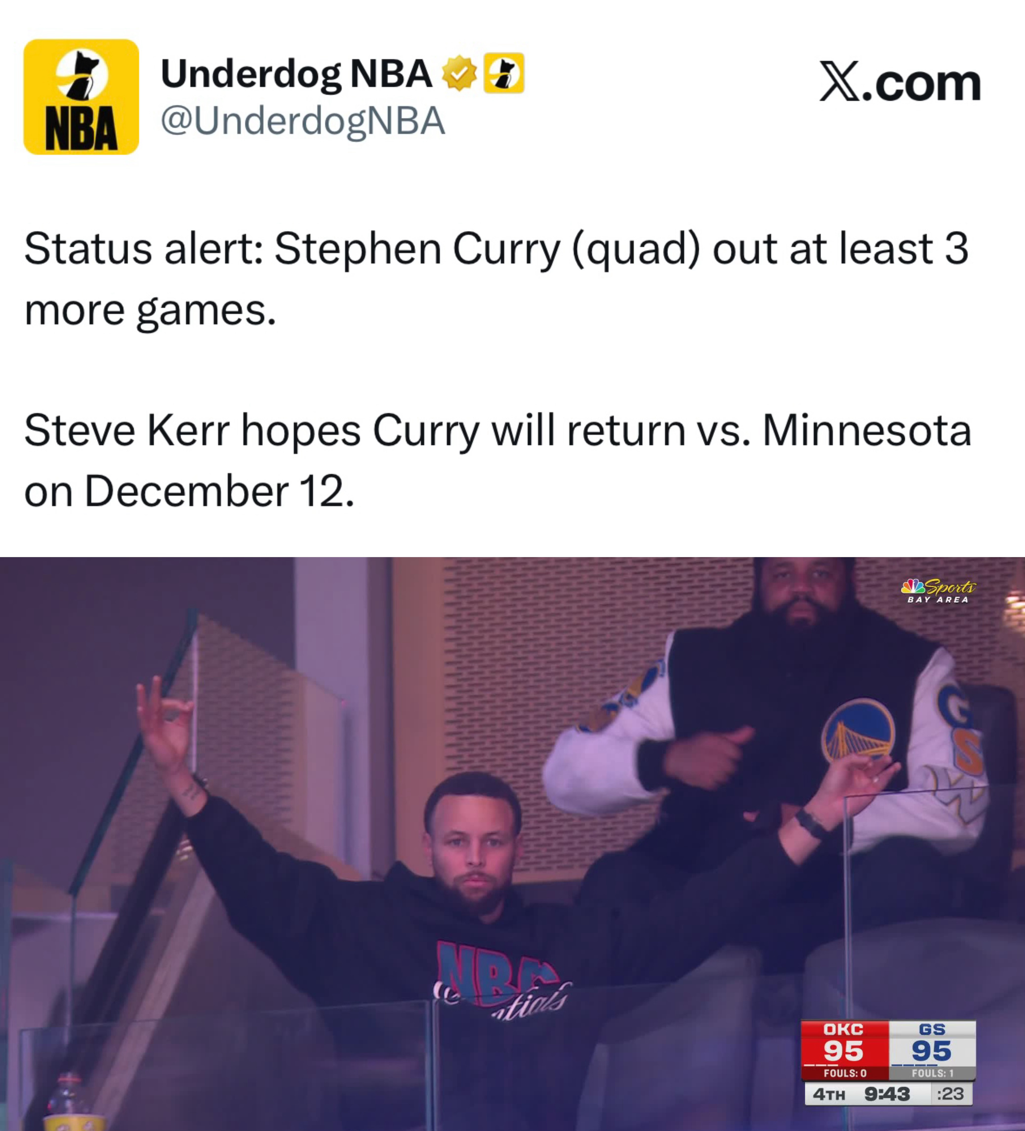 库里将至少还要缺阵3场比赛。科尔希望库里能在12月13日对阵森林狼队的比赛中复出