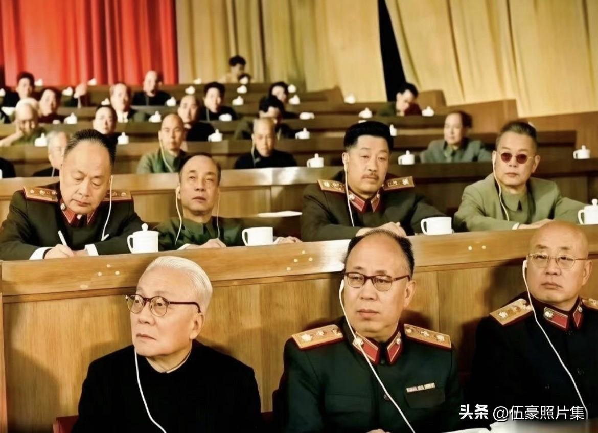 一张开国功勋在会议中的老照片，前排左起林伯渠、罗荣桓、刘伯承，后排左起：陈毅、李
