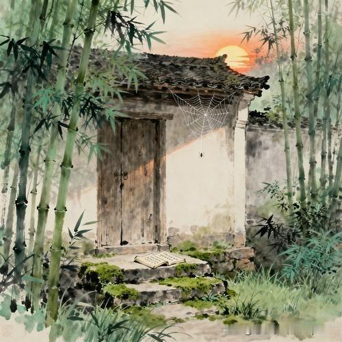 《书扇》
——宋.赵文
墙外数茎新竹，
楼西一抹斜阳。
偶游蚁穴初觉，
细听蝉声