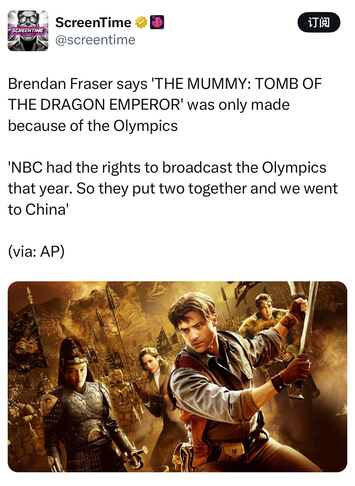 布兰登·费舍表示，《木乃伊3》的诞生源于环球影业想蹭北京奥运会，因为母公司NBC