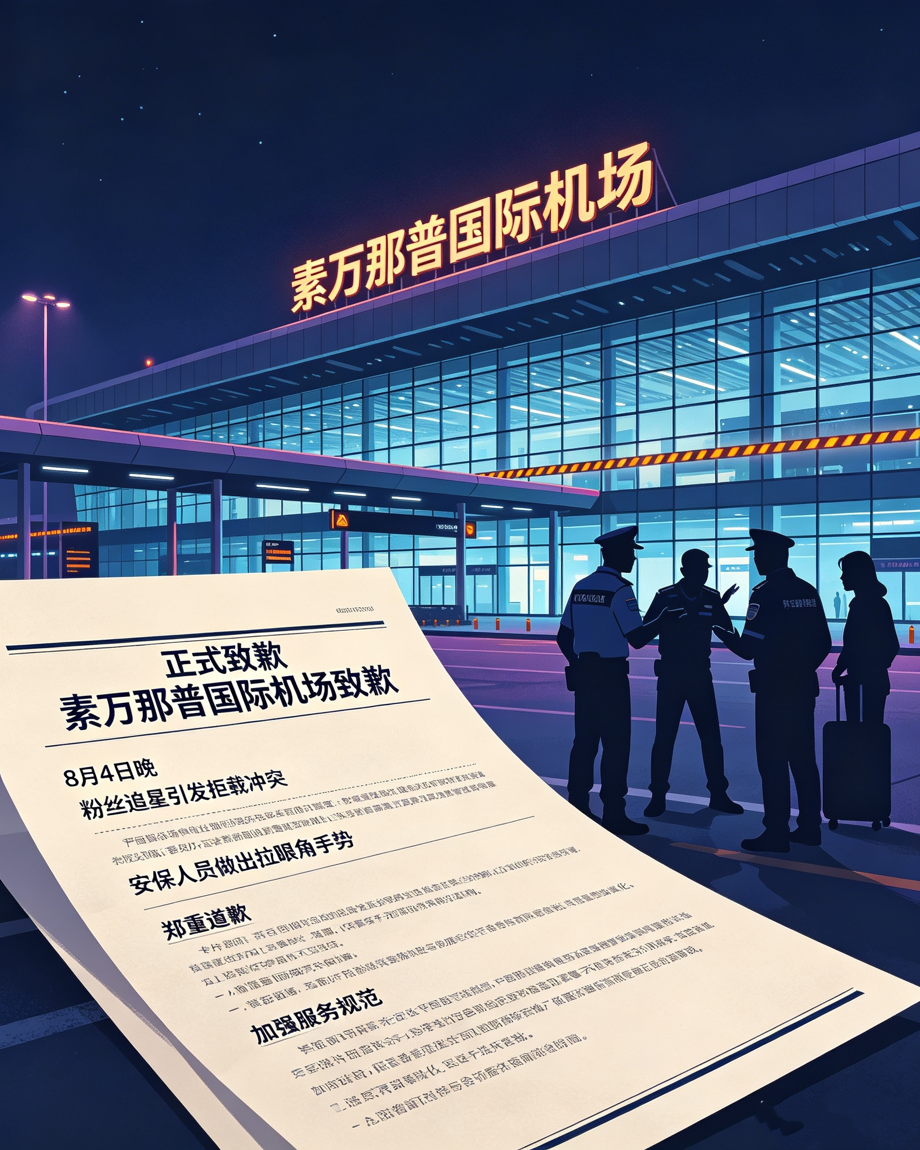 泰国素万那普国际机场致歉8月4日晚，泰国素万那普国际机场就粉丝追星引发的拒载冲突