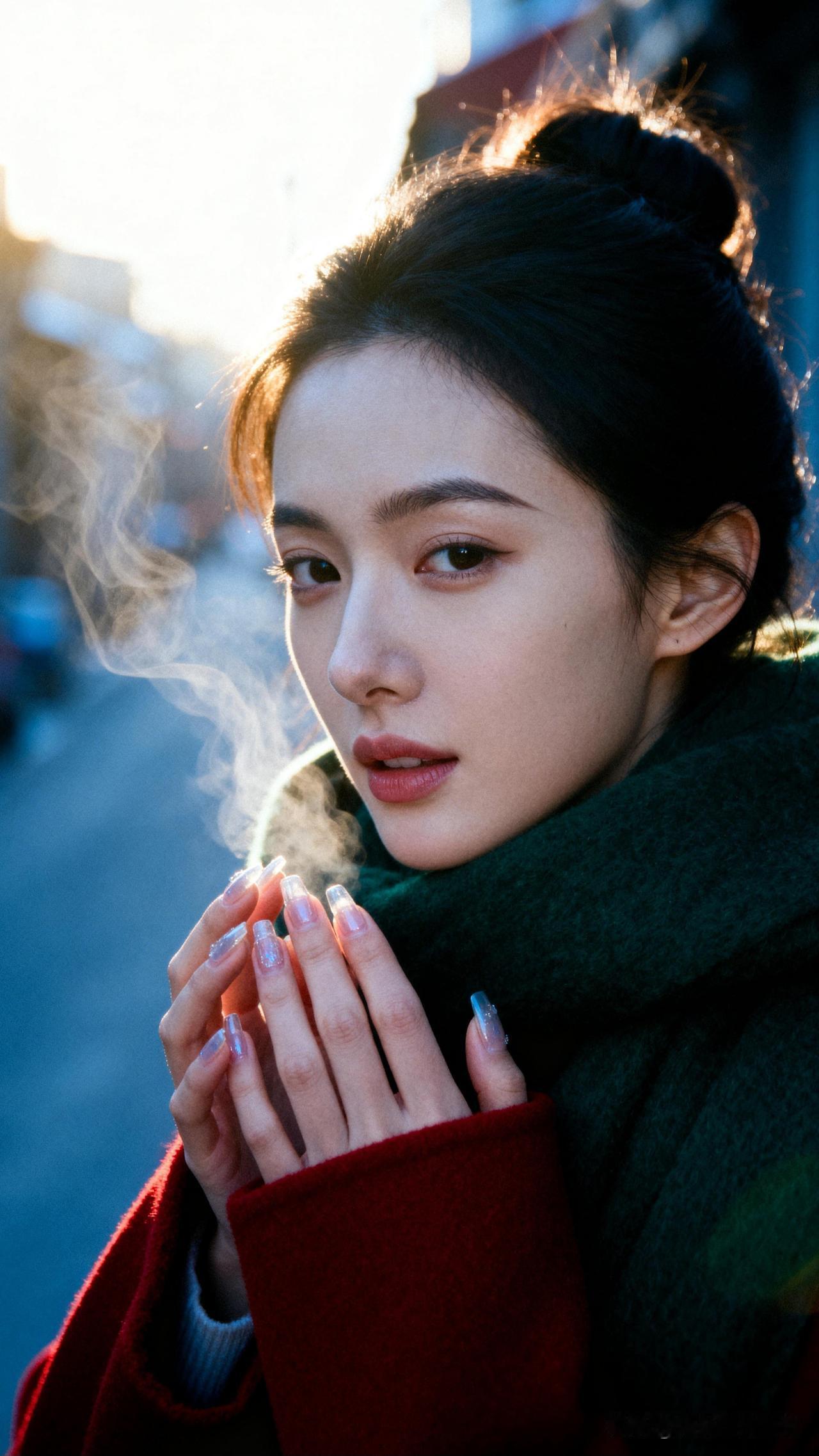 寒烟笼玉手，轻抚古道旁。什么样的穿搭可以成为气质女神? 冬日暖阳下，少女轻抚暖手