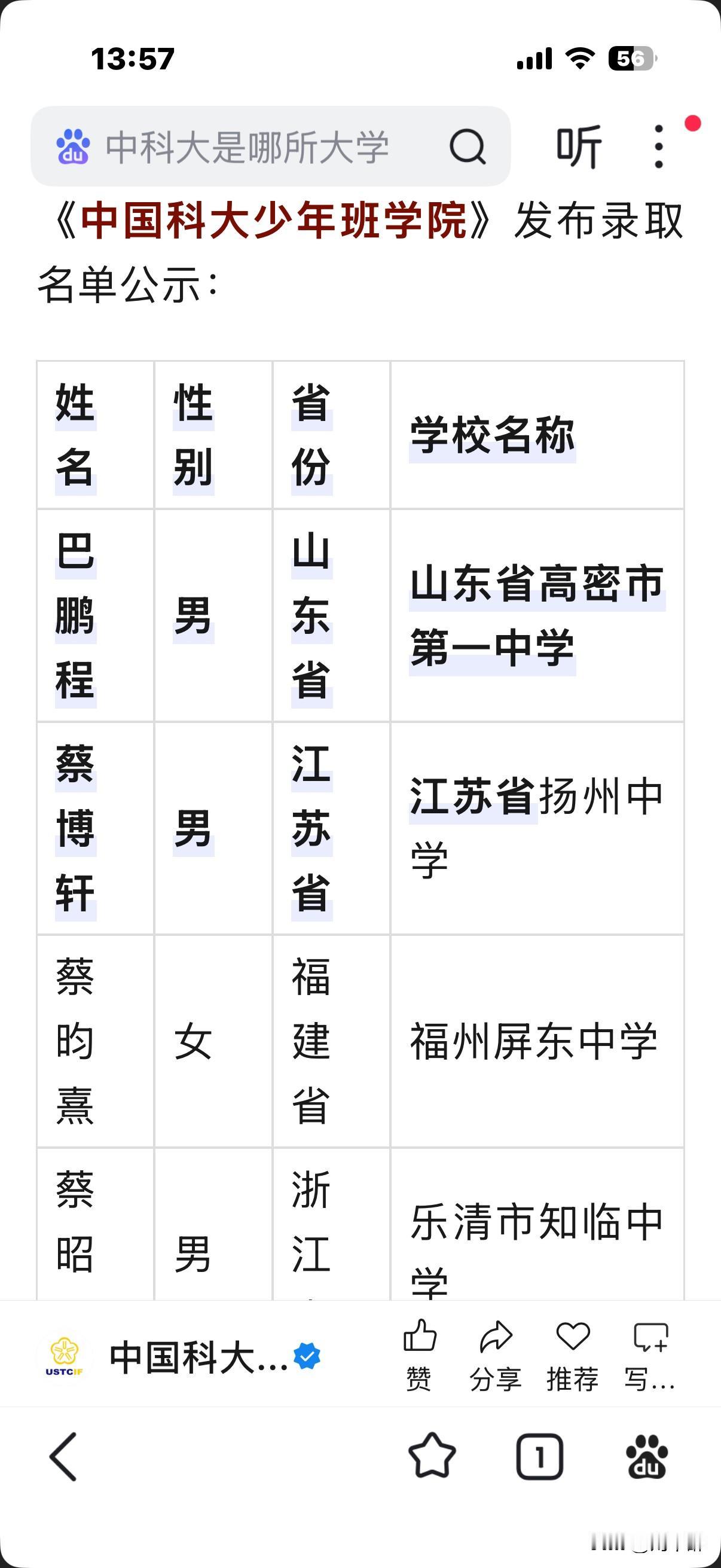 祝贺！48人拟被中科大少年班录取（正在公示）
分别来自全国13个省市，其中
安徽