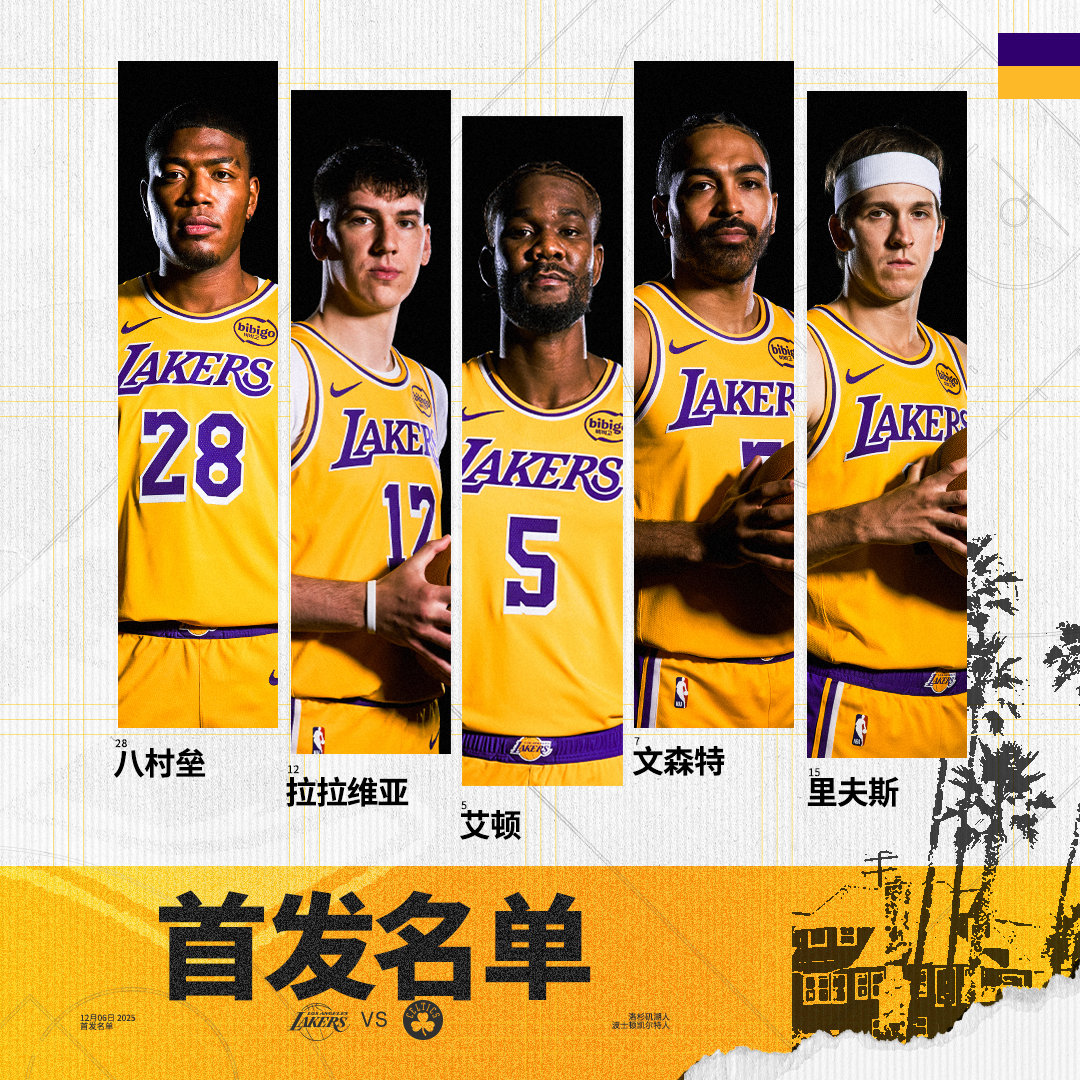 「湖人vs凯尔特人 | 首发名单」八村垒 文森特 拉拉维亚湖人国度