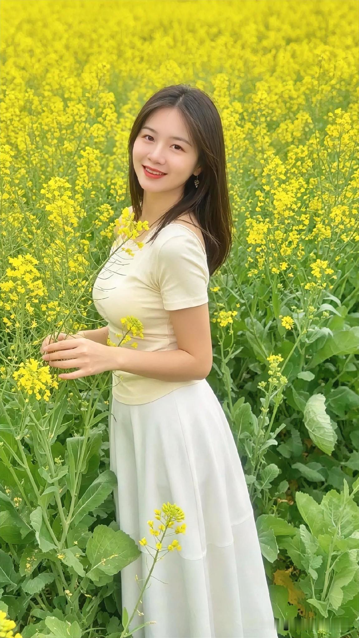 金黄花海间，浅黄上衣配素白长裙，笑意盈盈。春日温柔，人与花相映，清新自然，尽显岁