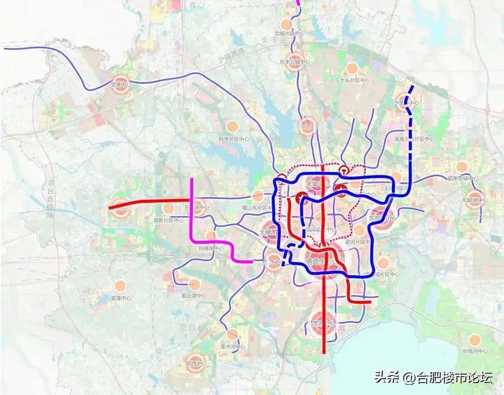 合肥的轨道交通路网图。
轨道交通路网连接了合肥的各个中心，合肥的中心的确不少，各