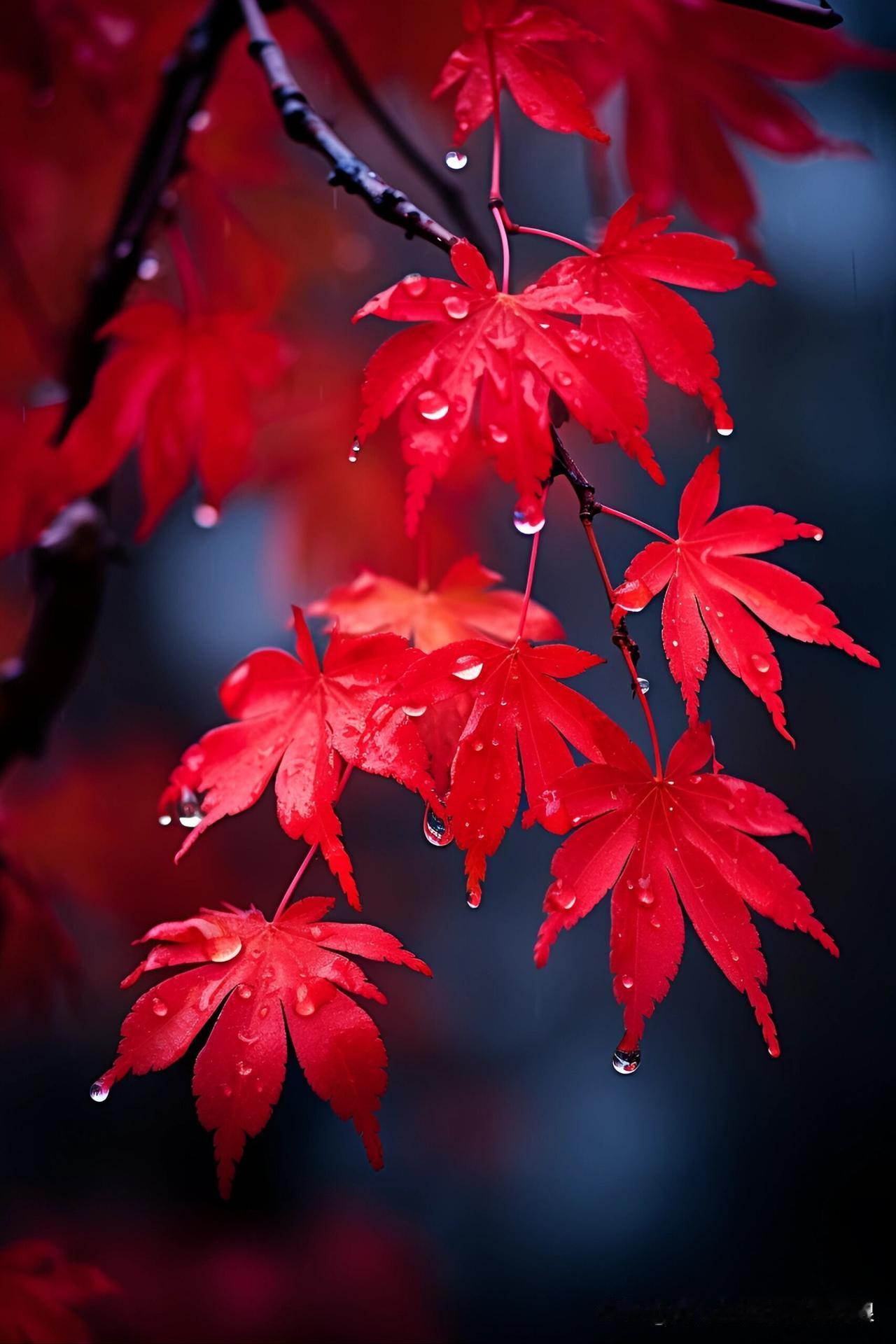 你看这枫叶，跟被红颜料染过似的，还挂着水珠，跟小水晶似的，多绝！
 
咱小时候见