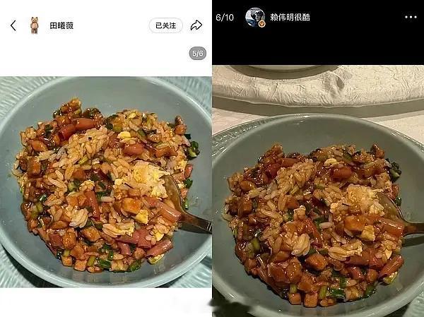 田曦薇和赖伟明晒的炒饭被扒是同一碗，像吗？[傻眼]田曦薇赖伟明晒同款炒饭 ​​​