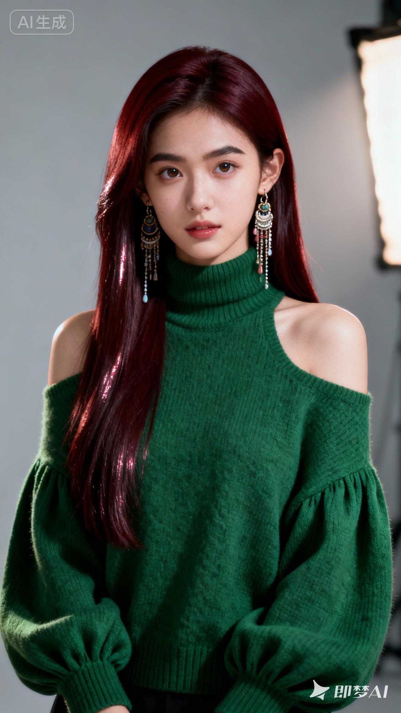 红发少女穿搭指南，绿色毛衣+长耳环，尽显优雅与个性！💄👗💎