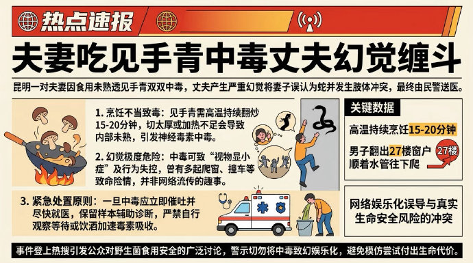 哈哈哈【夫妻吃菌中毒擅自离院后互殴：丈夫以为妻子是蛇打斗至27楼】近日，云南昆明