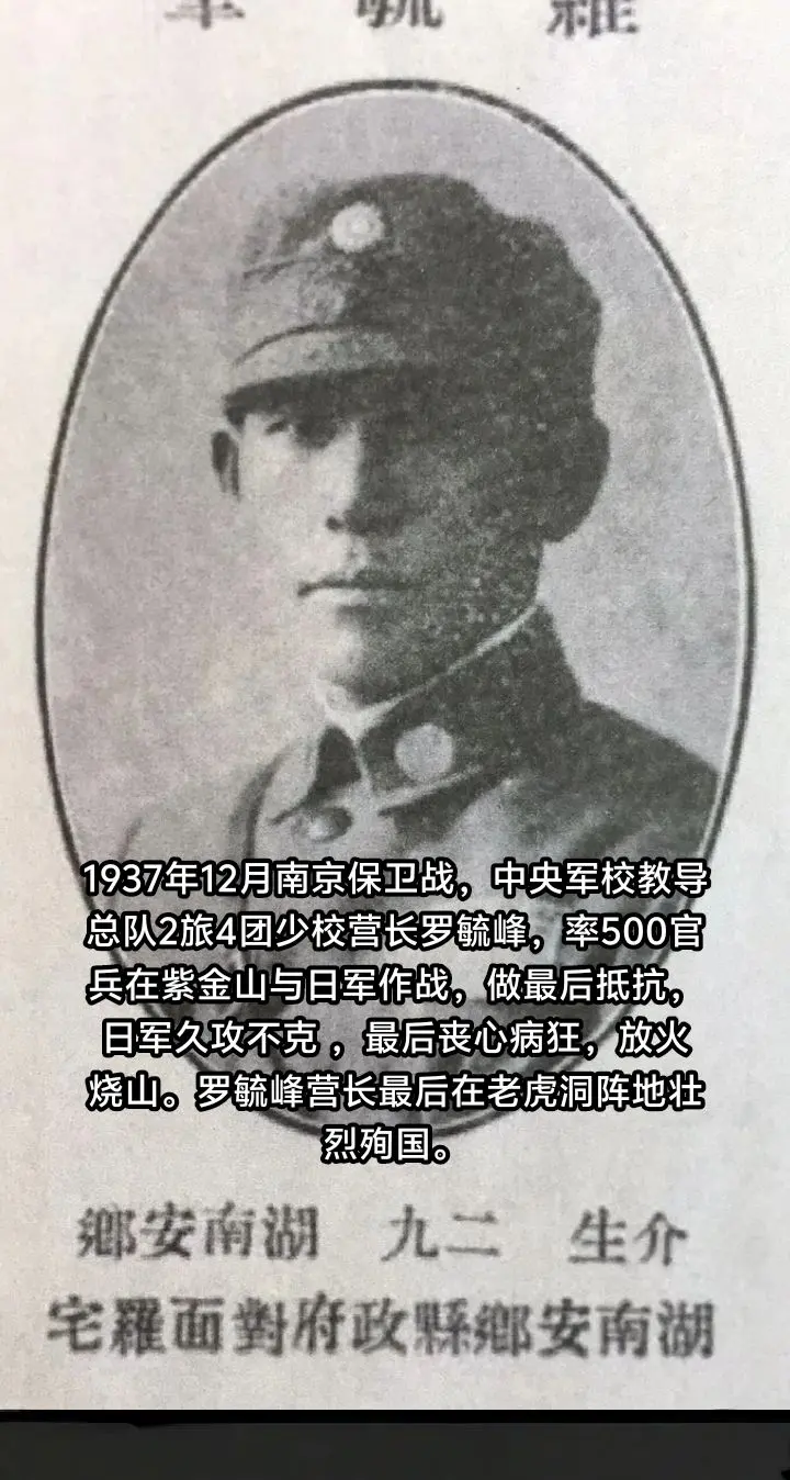 罗毓峰，湖南安乡人，黄埔8期，1937南京保卫，率部死守紫金山阵地，最...