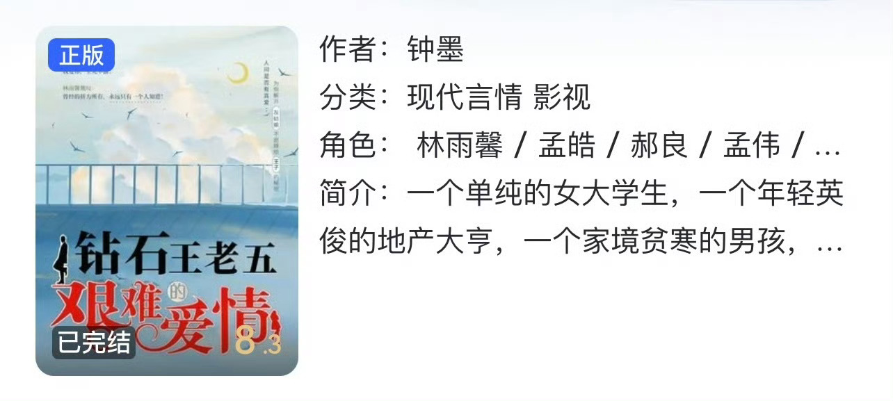 小说推荐：《钻石王老五的艰难爱情》 作者:钟墨简评：清冷貌美女大学生vs腹黑霸道