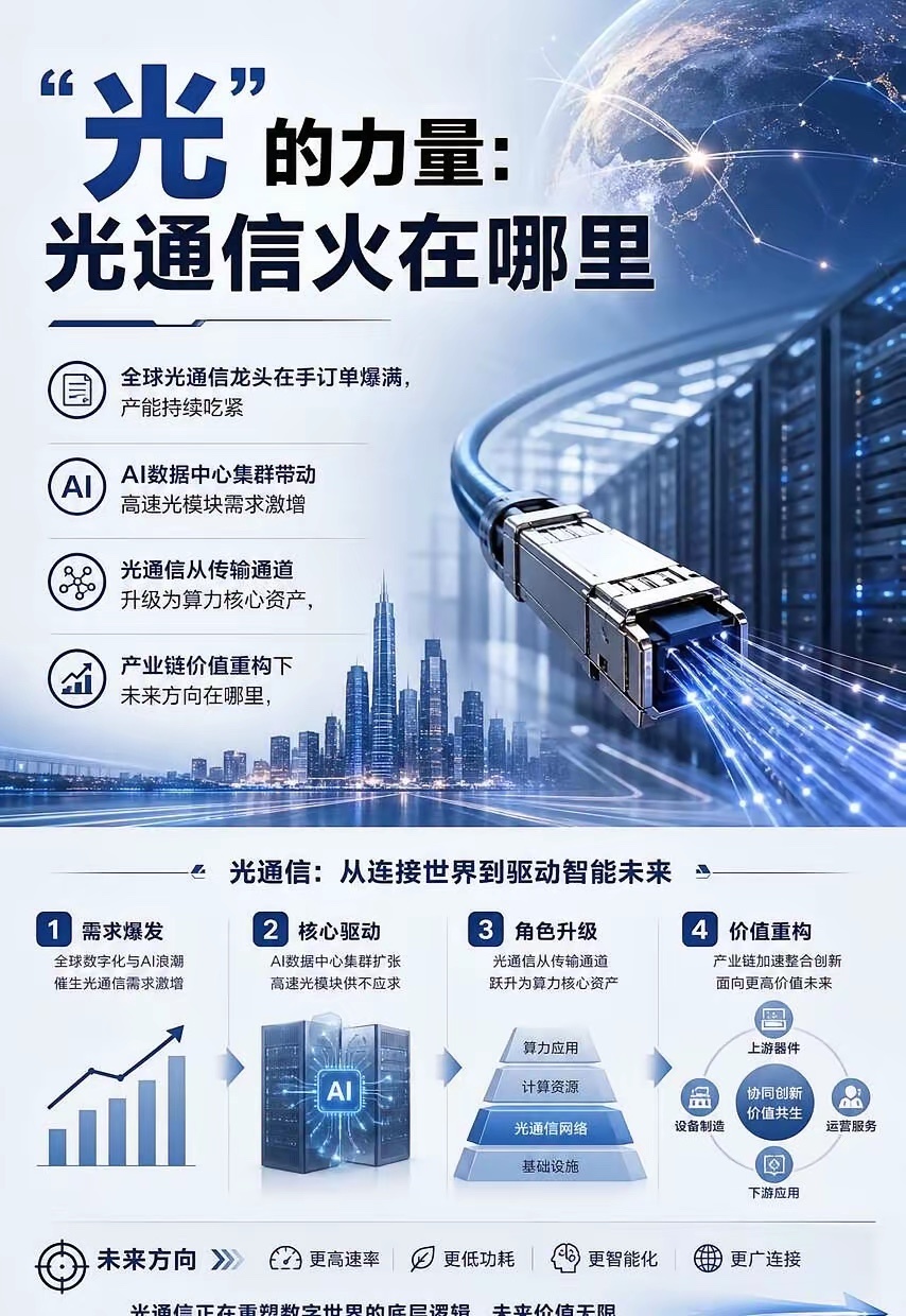💡 光通信：AI时代的“高速公路”有朋友问我，最近AI带火的赛道太多了，光通信