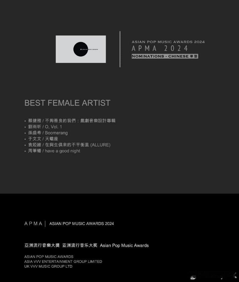 刘雨昕入围2024亚洲流行音乐大奖华语区最佳女歌手，其作品《O, Vol. 1》