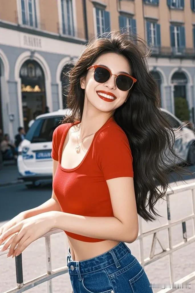 阳光明媚的午后，红衣少女笑靥如花。高雅气质美女 美女娇艳、 分享绝美佳人照