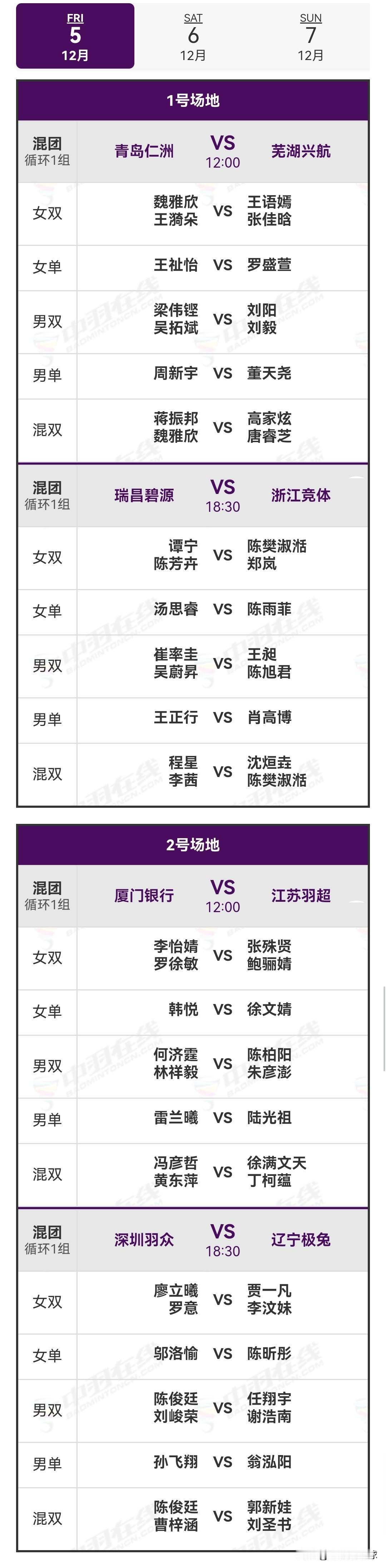 12月5日中国羽毛球俱乐部超级联赛赛程安排

今日，2025 - 2026中国羽