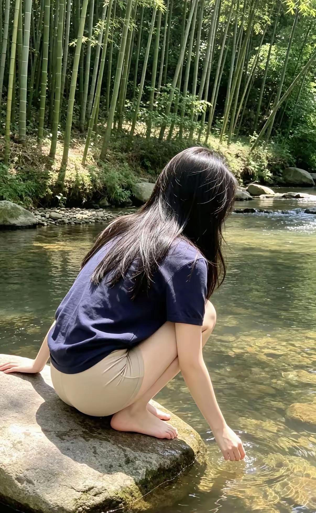 看着她独坐溪石，伸手轻拂流水。整片竹海作天然背景，清透溪水映着天光，黑长直发丝在