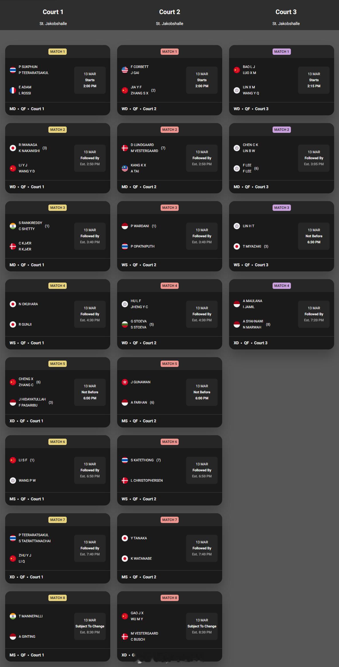 【瑞士羽毛球赛1/4决赛赛程对阵】2026年瑞士羽毛球公开赛羽联超级赛 3月13