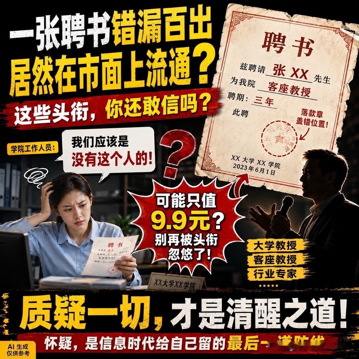 一张聘书格式错漏百出，落款章盖得牛头不对马嘴，连学院工作人员自己都懵了，直接回一