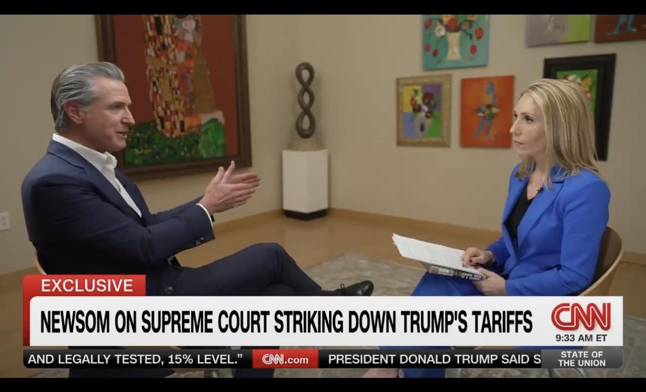 加州州长纽森在接受采访时称川普的关税政策“整件事都是一场闹剧”，“简直是任性妄为