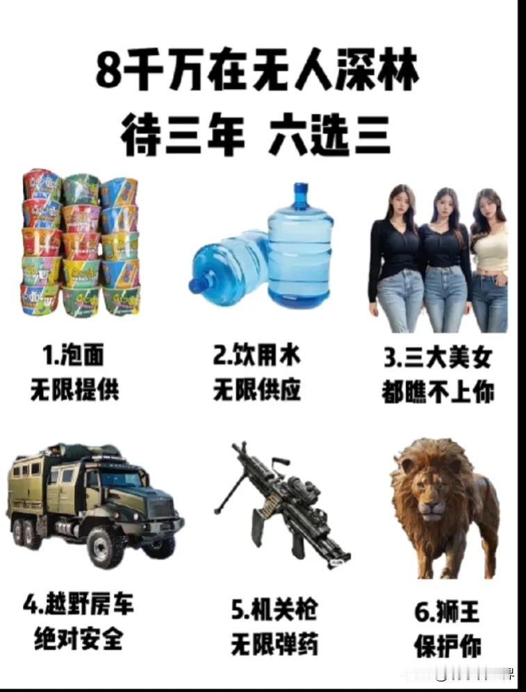 8000万在无人森林待三年。
极限六选三？
我选124。
即：无限的方便面，出现