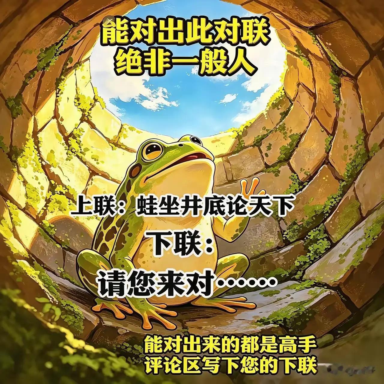 上联：蛙坐井底论天下，
下联：燕雀焉知鸿鹄志。