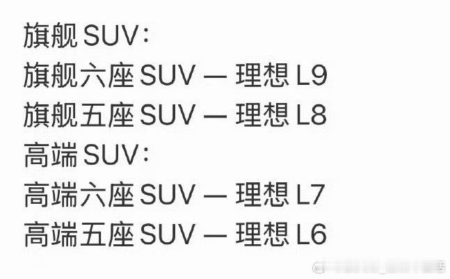 理想汽车命名发生改变？L8、L9主打旗舰，L6、L7主攻高端，不知道是不是真的。
