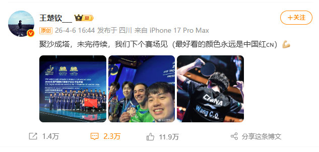 #王楚钦晒背影照# 4月6日，乒乓球运动员发文总结世界杯：聚沙成塔，未完待续，我